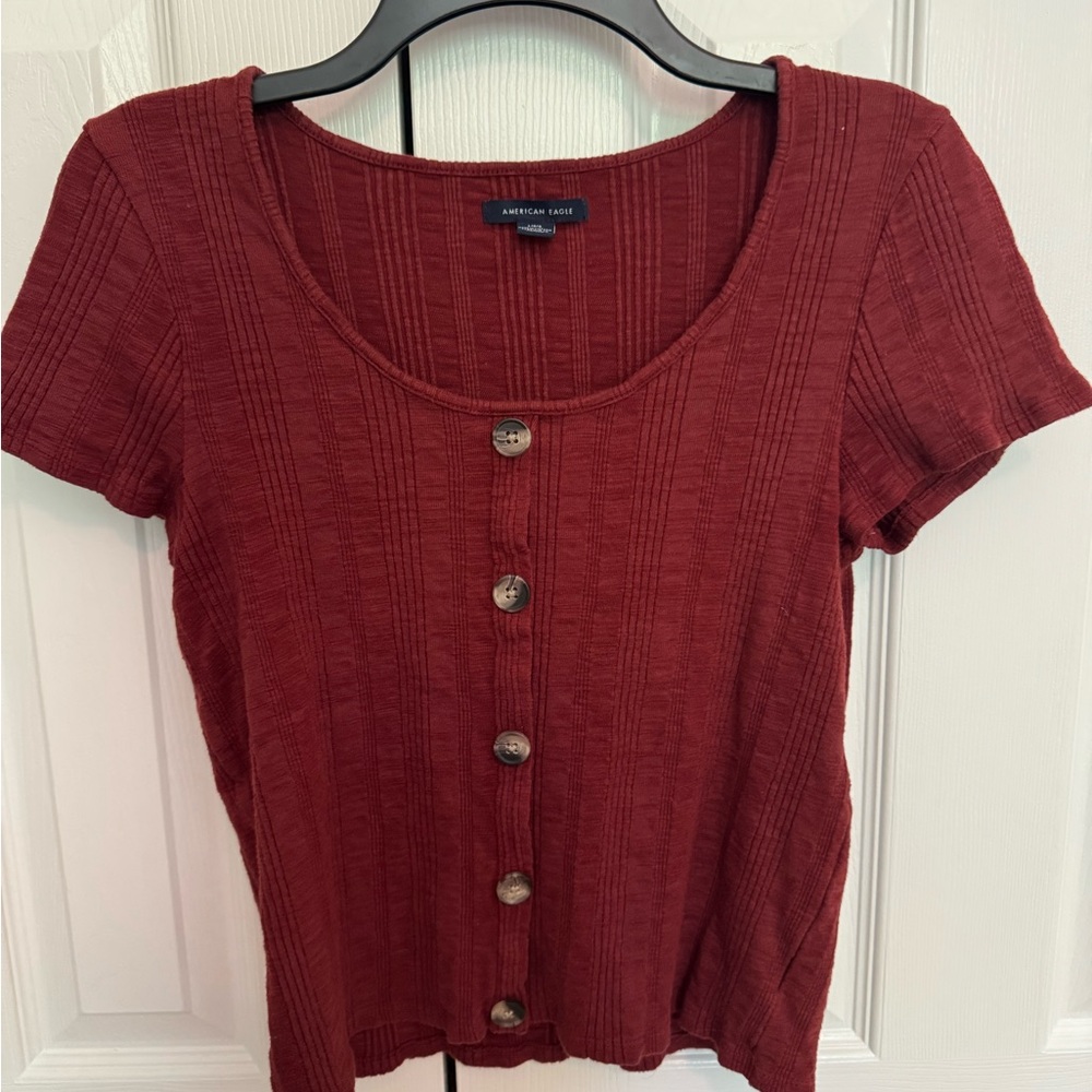 American Eagle Outfitters Short Sleeve Ribbed Button Front Top - Burgundy Red